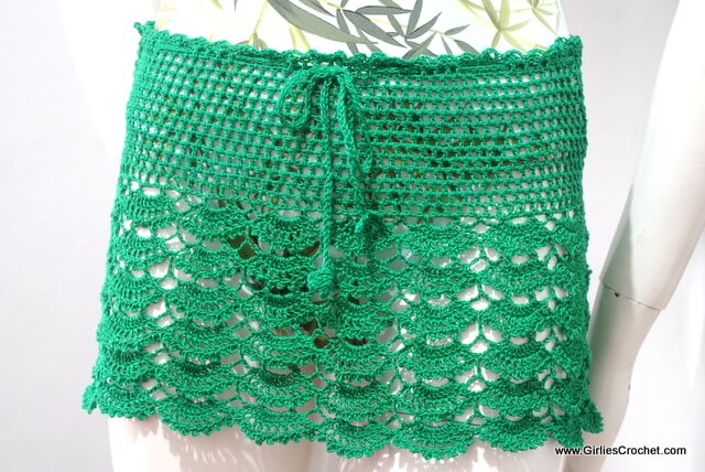 gina summer skirt, free crochet pattern, thread, easy, beginners pattern, green