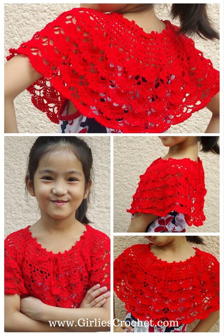 free crochet pattern, gina spring poncho, summer skirt, thread, fan stitch, red