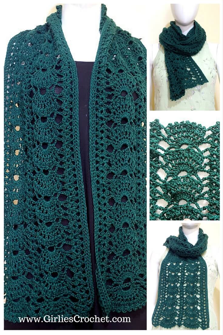 grace green scarf, free crochet pattern, easy, lacy, photo tutorial