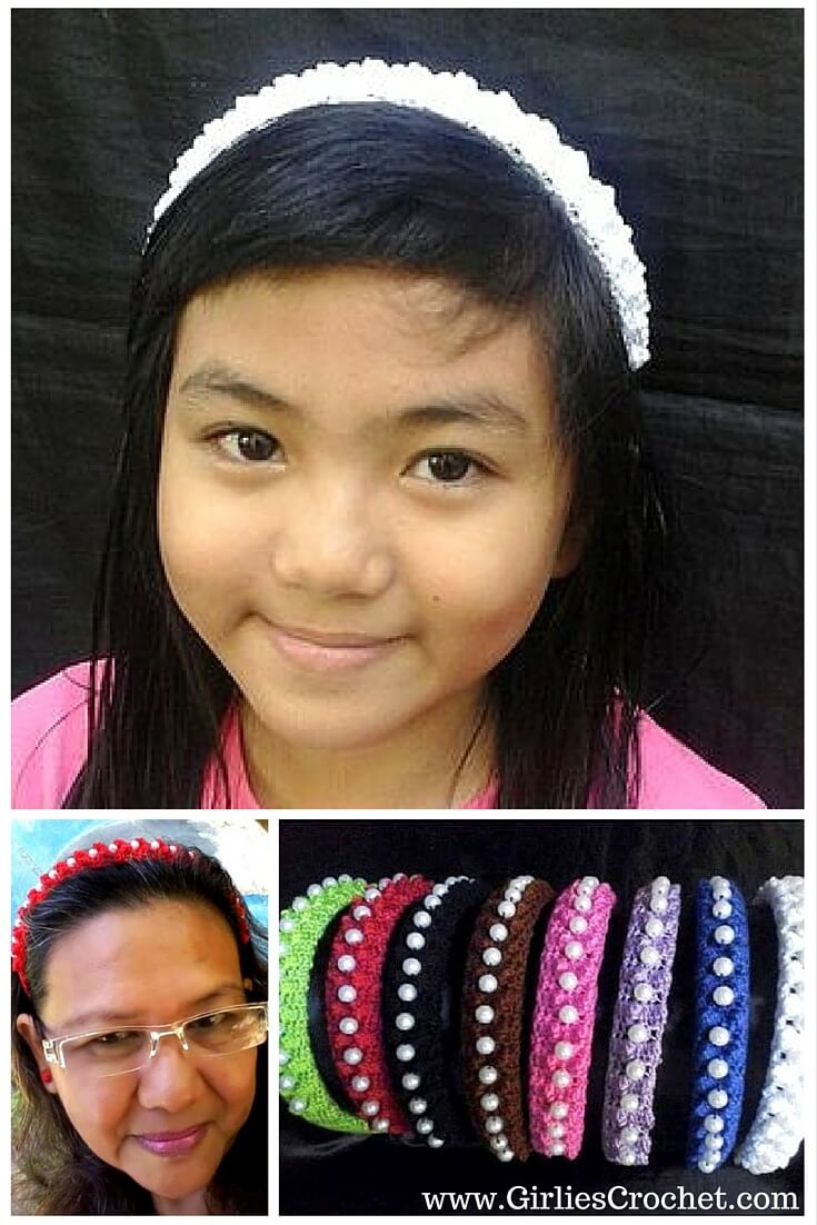 pearly pop 94 headband, free crochet pattern, easy, thread, hair accessory