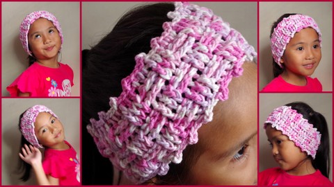 free crochet pattern, pink crochet headband, ear warmer, pink headband, for kids, basket weave stitch, easy,