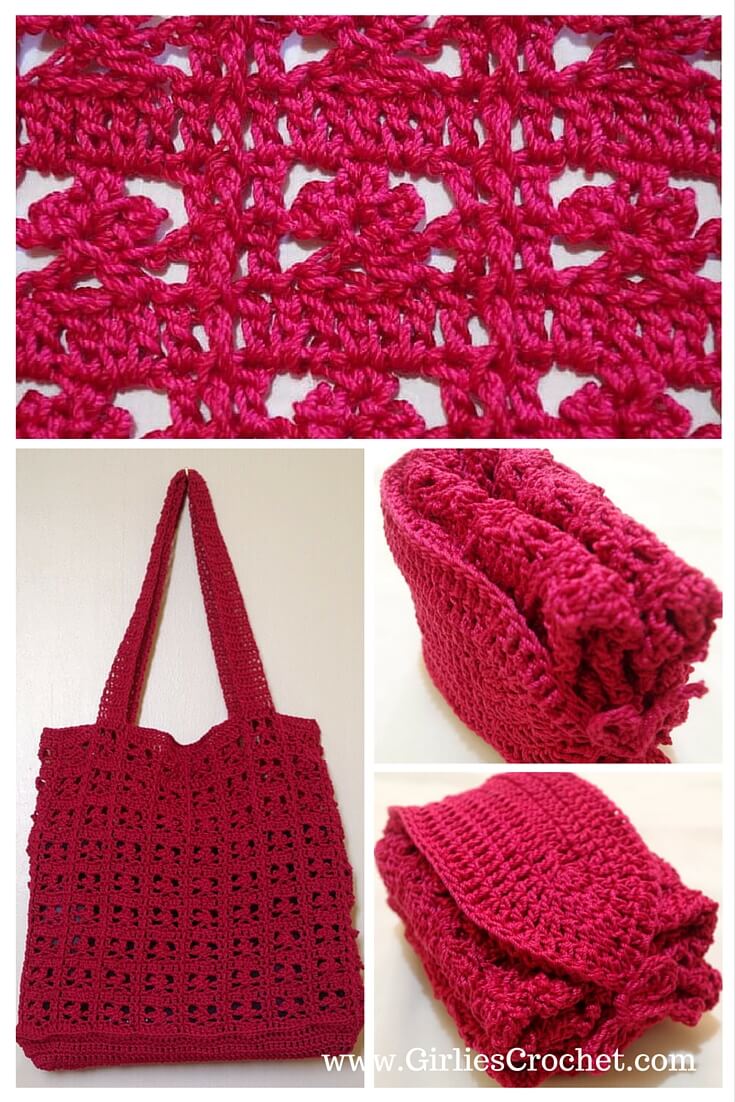 red summer bag, free crochet pattern, thread, easy, foldable bag, beach bag