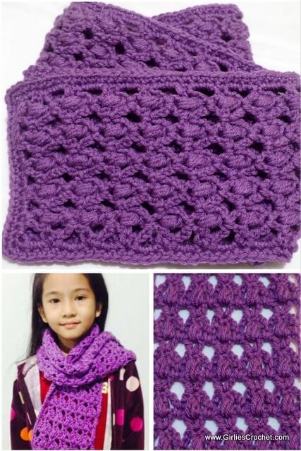 rosary crochet scarf, free crochet pattern, puff stitch, easy