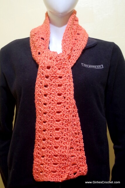 vangie crochet scarf, free crochet pattern, shell st, dc2-tog