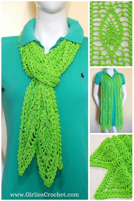 chesca scarf, free crochet pattern, lacy scarf, green scarf, pineapple design