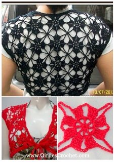 free crochet pattern, elegant bolero 2, thread crochet, square motif, how to join square motif