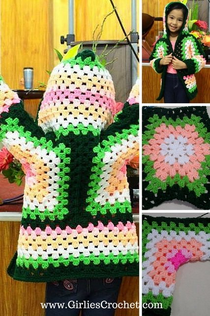 free crochet pattern, hexagonal hooded cardigan, kid's jacket