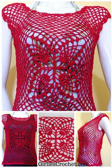 free crochet pattern, lace pineapple design, summer top, cover-up, red top