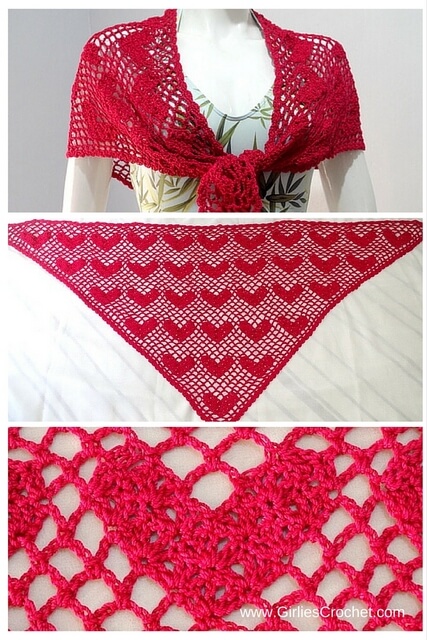 sweet heart shawl, free crochet pattern, beginners pattern, easy, spring, lacy, red shawl