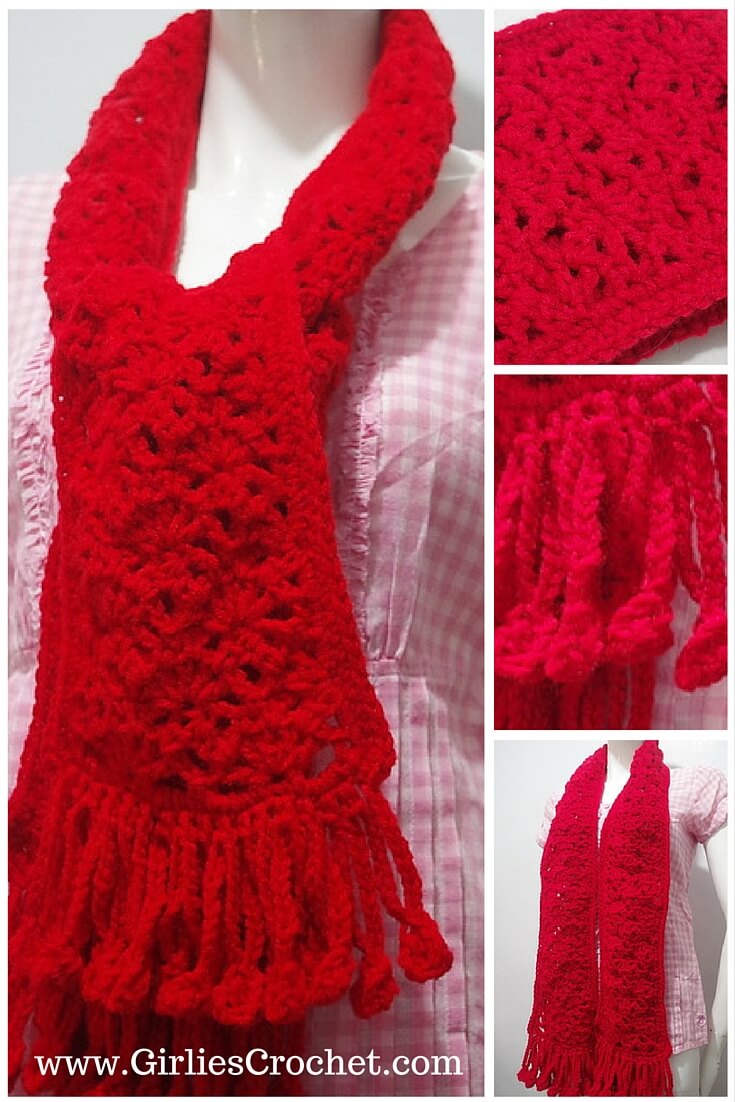 free crochet pattern, fan stitch, cluster stitch, photo tutorial, red heart super saver, violy scarf, red
